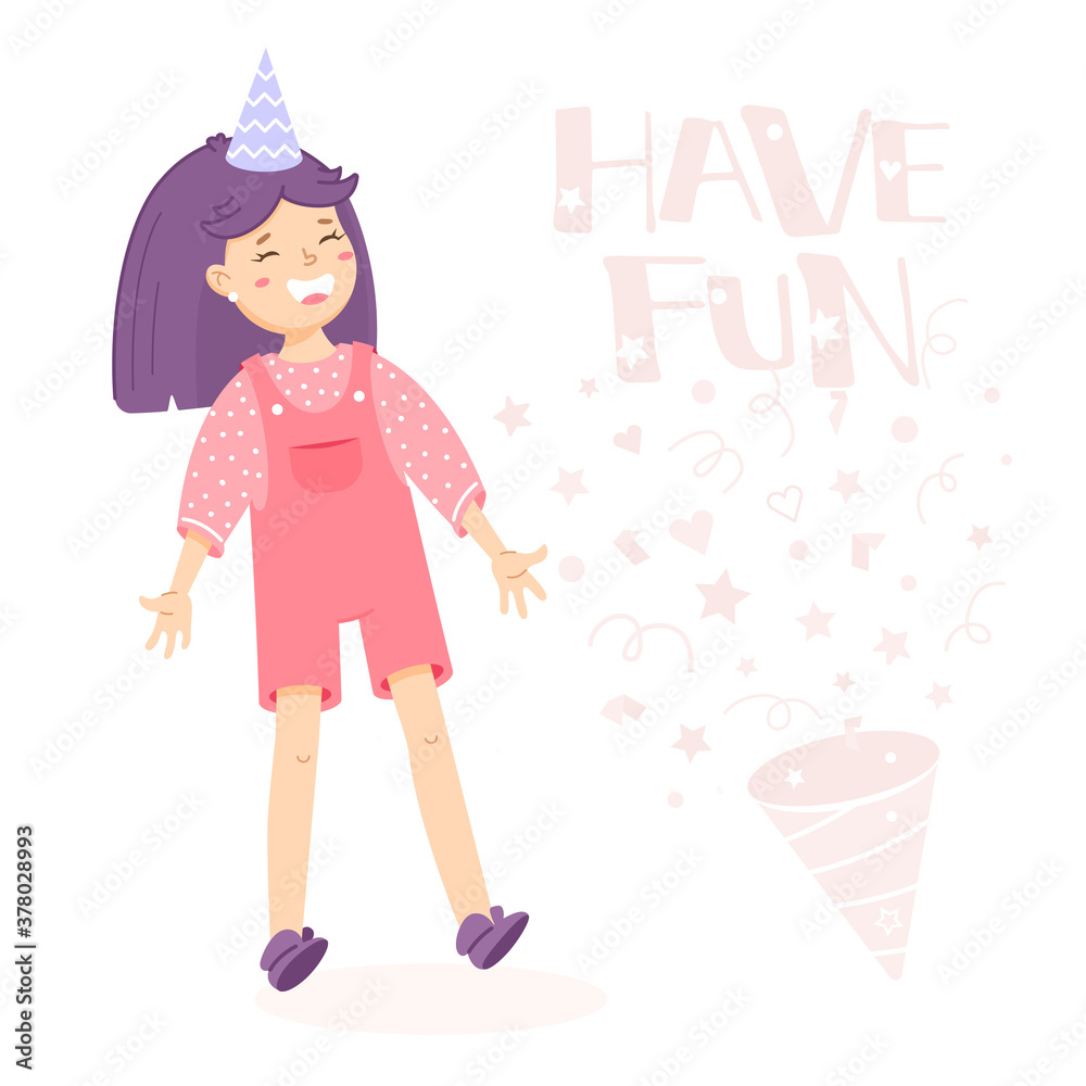 Girl is laughing and inscription have fun. Illustration in cartoon style. Greeting card for birthday. Welcome sign for the party. Birthday invitation Girl is laughing and inscription have fun. Illustration in cartoon style. Greeting card for birthday. Welcome sign for the party. Birthday invitation