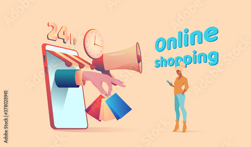 Large hand from phone holds packages with purchases. There is kopeck piece with phone nearby and makes an online purchase. Online shopping metaphor. Concept of easy payment and delivery of goods