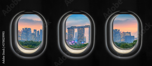 View outside the plane window. Singapore City.