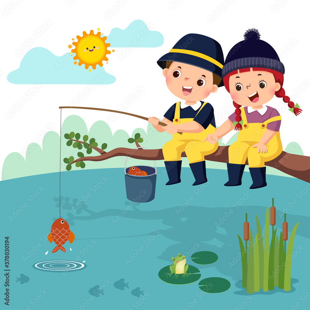 Vector illustration of little happy boy and girl sitting on the branch and fishing in a pond. Fisherman kids.