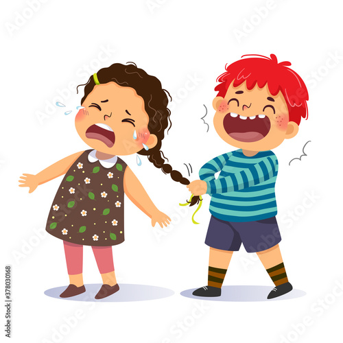 Vector illustration cartoon of a naughty boy pulling the pigtail of a little girl. Bullying in school concept.