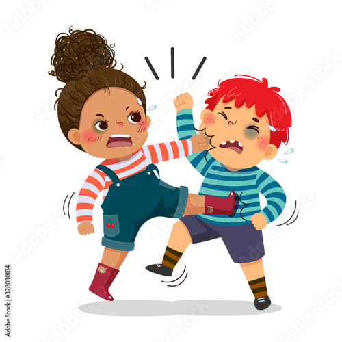 Vector illustration cartoon of a naughty boy and girl fighting. The conflict between children.