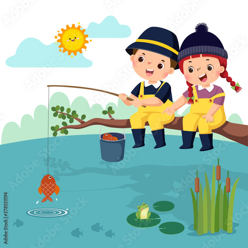 Vector illustration of little happy boy and girl sitting on the branch and fishing in a pond. Fisherman kids.