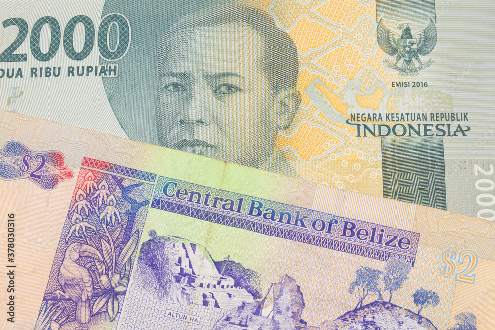 A macro image of a grey two thousand Indonesian rupiah bank note paired up with a colorful two dollar bill from Belize.  Shot close up in macro.