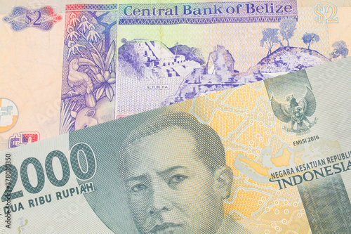 Wallpaper Mural A macro image of a grey two thousand Indonesian rupiah bank note paired up with a colorful two dollar bill from Belize.  Shot close up in macro. Torontodigital.ca