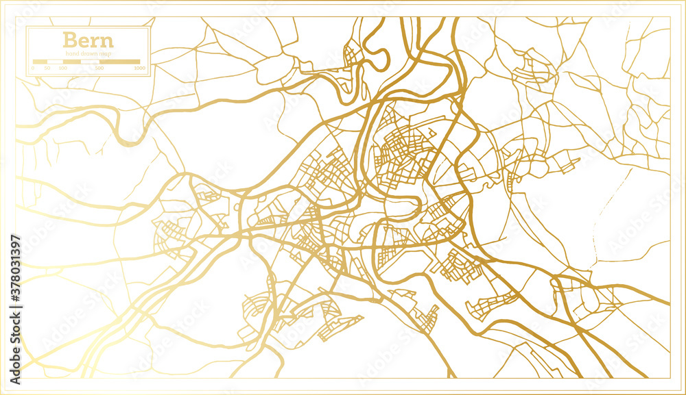 Bern Switzerland City Map in Retro Style in Golden Color. Outline Map.
