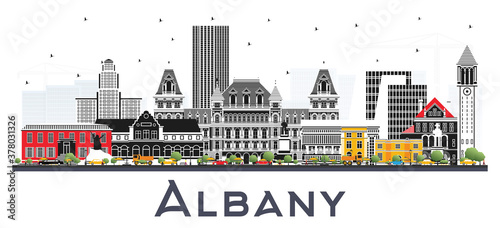 Albany New York City Skyline with Color Buildings Isolated on White.