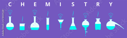 Chemistry banner of lab flasks with liquid and chemistry word. Vector illustration of lab equipment. Erlenmeyer, florence, conical, separator flasks, funnel, retort, beaker, test tube, jar