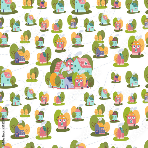 Seamless pattern map with tiny houses and gardens