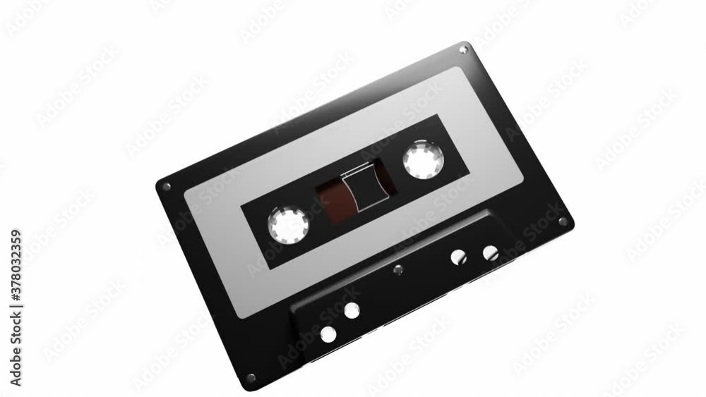 Black cassette tape isolated on a white background.Loop able 3d animation. Black cassette tape isolated on a white background.Loop able 3d animation.