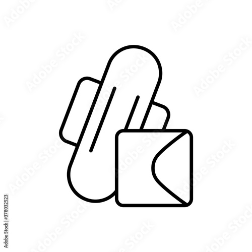 Sanitary napkin with wings, square individual packing. Linear icon of female pads for menstruation. Black simple pictogram of hygiene products, plastic bag. Contour isolated vector, white background