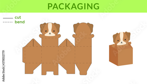 Adorable DIY party favor box for birthdays, baby showers with cute dog for sweets, candies, small presents, bakery. Retail box blueprint template. Print, cutout, fold, glue. Vector stock illustration