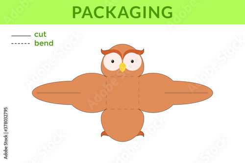 Adorable DIY party favor box for birthdays, baby showers with cute owl for sweets, candies, small presents, bakery. Retail box blueprint template. Print, cutout, fold, glue. Vector stock illustration photo