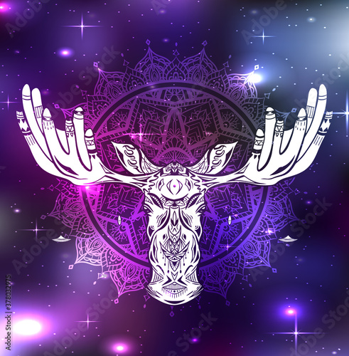 Contour native illustration of a moose head with ethnic decoration and bead on horns on mandala space background. Boho vector illustration in universe for card, t-shirt print, tattoo and your design