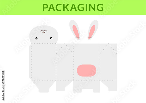 Adorable DIY party favor box for birthdays, baby showers with cute hare for sweets, candies, small presents, bakery. Retail box blueprint template. Print, cutout, fold, glue. Vector stock illustration