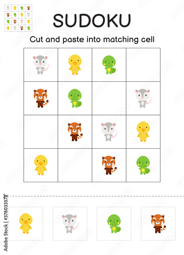 Sudoku game for children with pictures. Kids activity sheet. Matching game for children with cute cartoon animals. Education developing worksheet. Logical thinking training. Vector stock illustration. Sudoku game for children with pictures. Kids activity sheet. Matching game for children with cute cartoon animals. Education developing worksheet. Logical thinking training. Vector stock illustration.