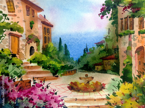 Watercolor colorful bright textured abstract background handmade . Mediterranean landscape . Painting of architecture and vegetation of the sea coast , made in the technique of watercolors from nature photo