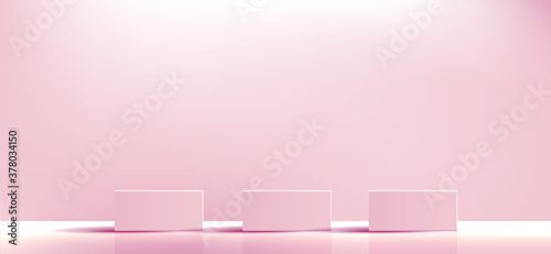 Pink geometric podium square and minimal boxes. empty showcase for cosmetic product presentation. Fashion magazine. vector Illustration design.