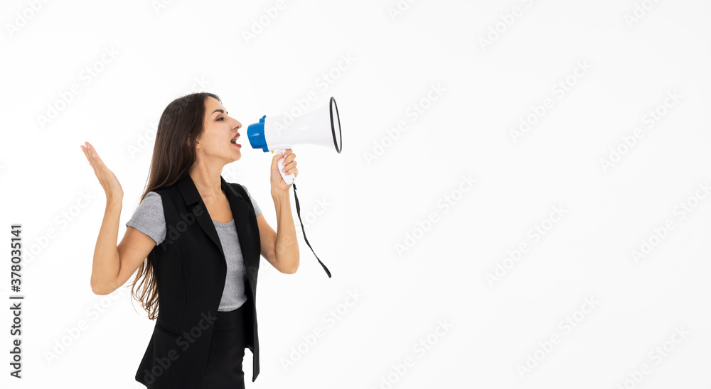 business woman shouting on the megaphone on white background. business woman shouting on the megaphone on white background.