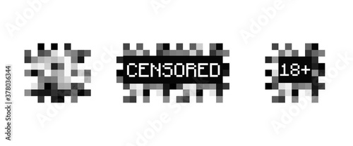 Pixel censor sign. Censorship rectangle background. Set of Black censor bar. Blured picture vector illustration. Prohibited content. Vector illustration photo
