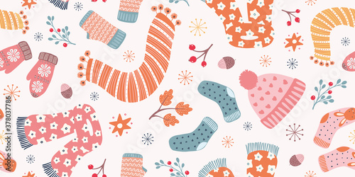 Autumn Hygge border pattern design . Vector winter and Fall seamless repeat banner.
