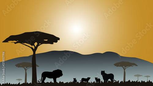 Full frame silhouette family of lion in the grassland on the multicolor background.