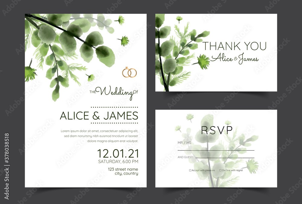 Elegant watercolor wedding invitation card with greenery leaves	

