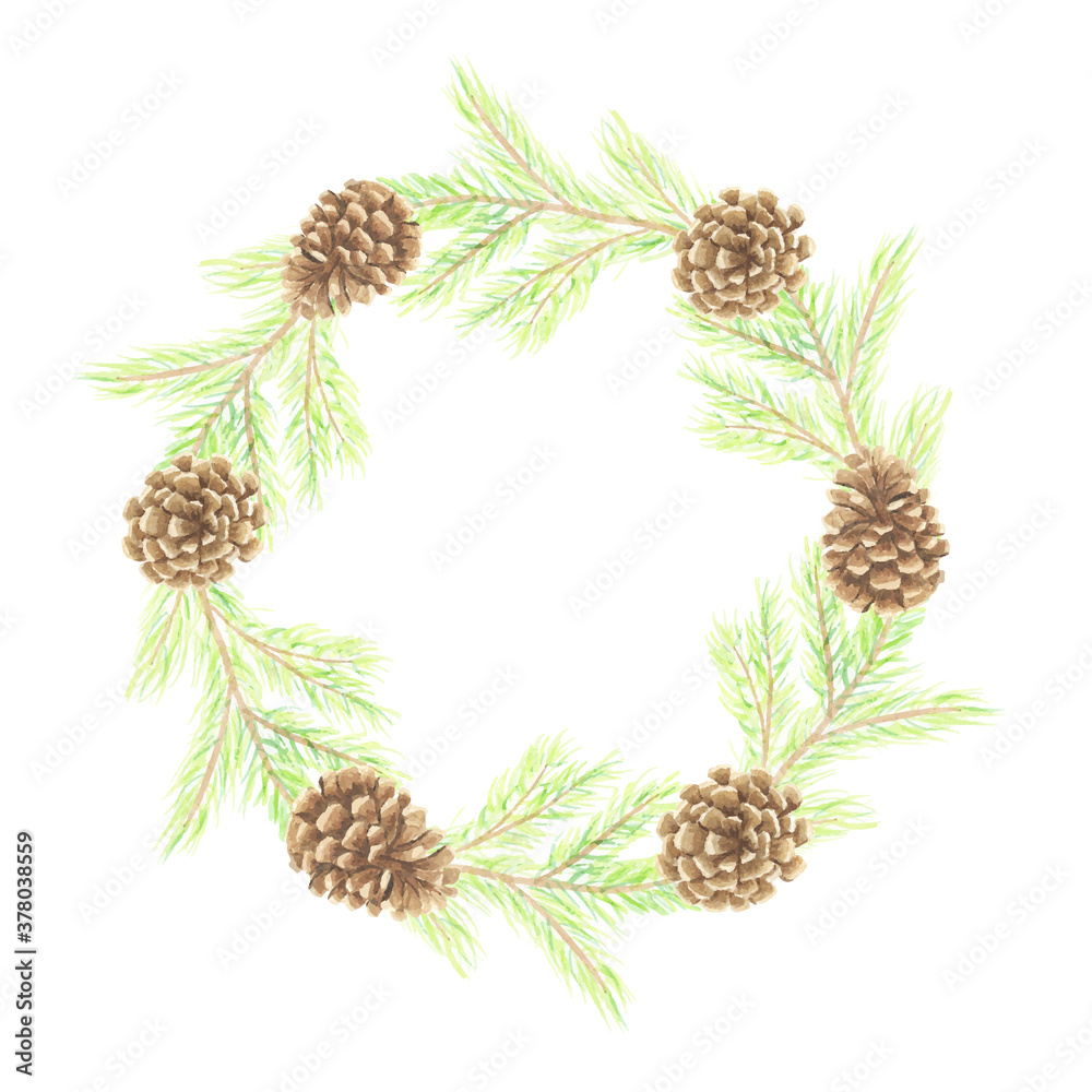watercolor minimal christmas pine leaf and cone wreath frame with copy space