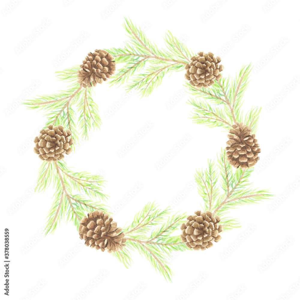 Fototapeta premium watercolor minimal christmas pine leaf and cone wreath frame with copy space