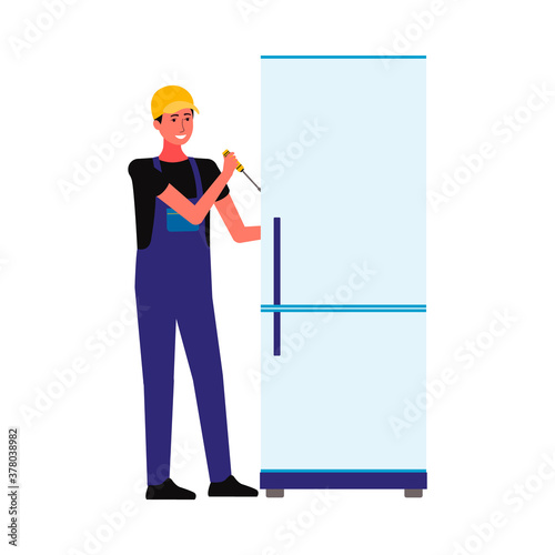 Cartoon repair man repairing refrigerator - handyman worker in uniform