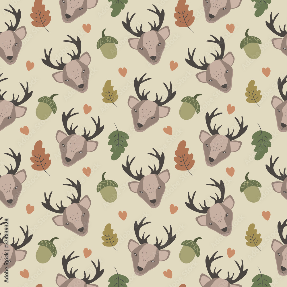 seamless pattern with cute deers, autumn leaves and acorn seamless pattern with cute deers, autumn leaves and acorn