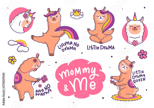 Set of funny llama no drama. Cartoonish animals with flowers