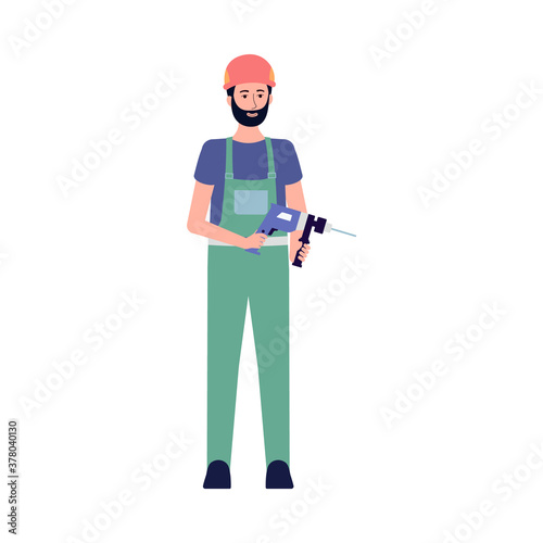 Builder or repairman with electric drill, flat vector illustration isolated.