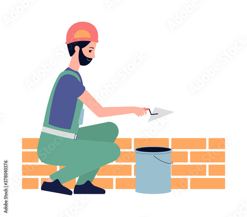 Construction worker laying bricks - cartoon builder man bricklaying