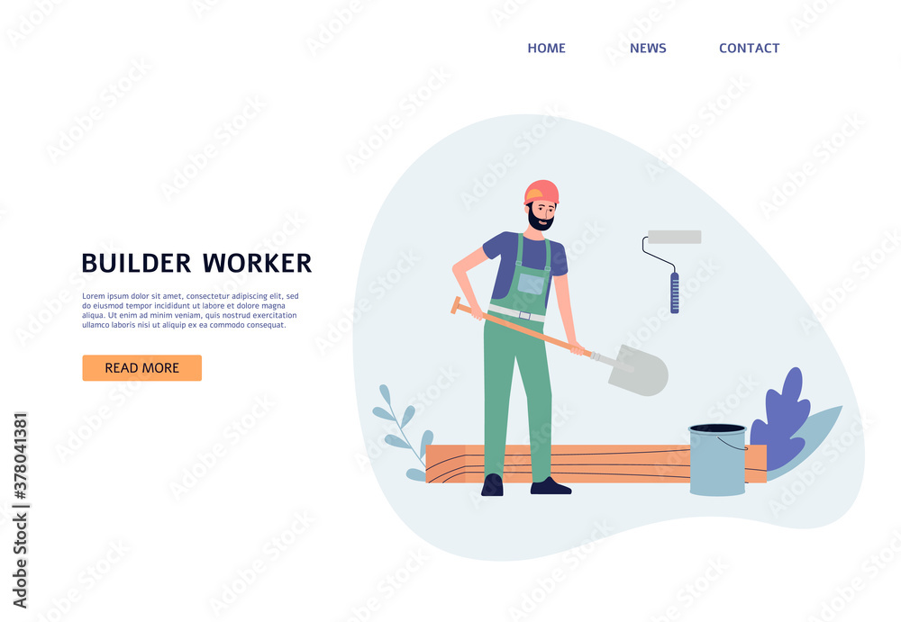 Builder services website with character of working man flat vector illustration. Builder services website with character of working man flat vector illustration.