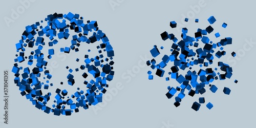 Set of colorful cube shapes explosion splashes isolated on gray