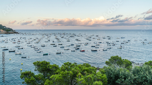 Boats at anchor on the Calella of Palafrugell coast at sunset.