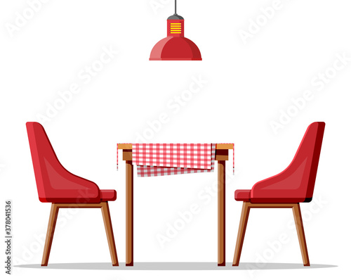 Wooden table with tablecloth, two chairs and lamp. Modern dining room furniture isolated on white. House, cafe or restaurant. Cartoon flat vector illustration.