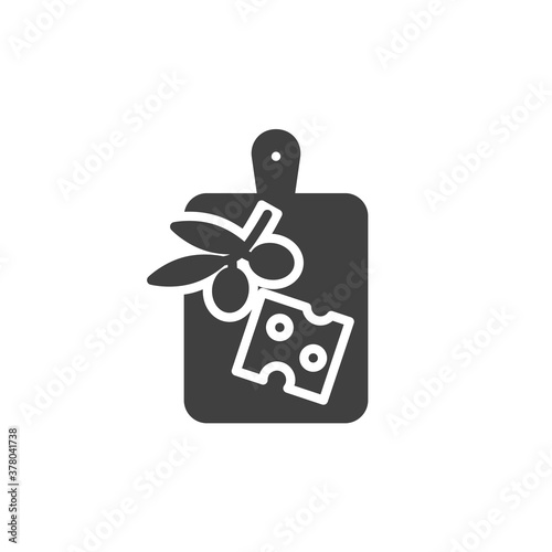 Chopping board with cheese and olive vector icon. filled flat sign for mobile concept and web design. Wine snack on a cutting board glyph icon. Symbol, logo illustration. Vector graphics