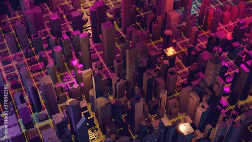 Cityscape on a dark background with bright and glowing neon purple and blue lights. 3d rendering.