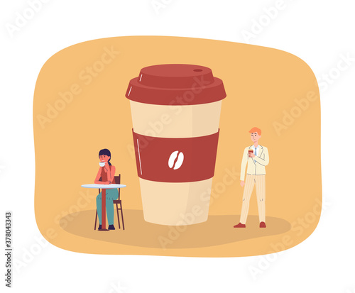 Coffee takeaway cafe banner with characters flat vector illustration isolated.