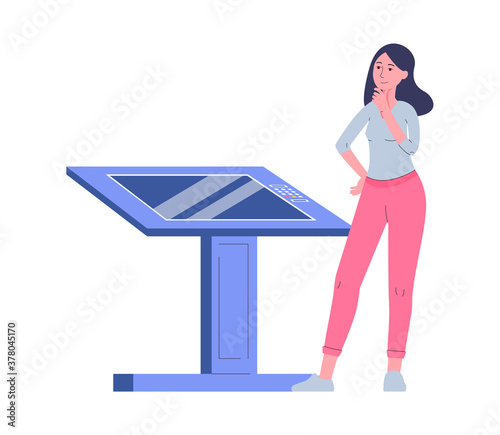 Woman behind interactive kiosk or counter flat vector illustration isolated.