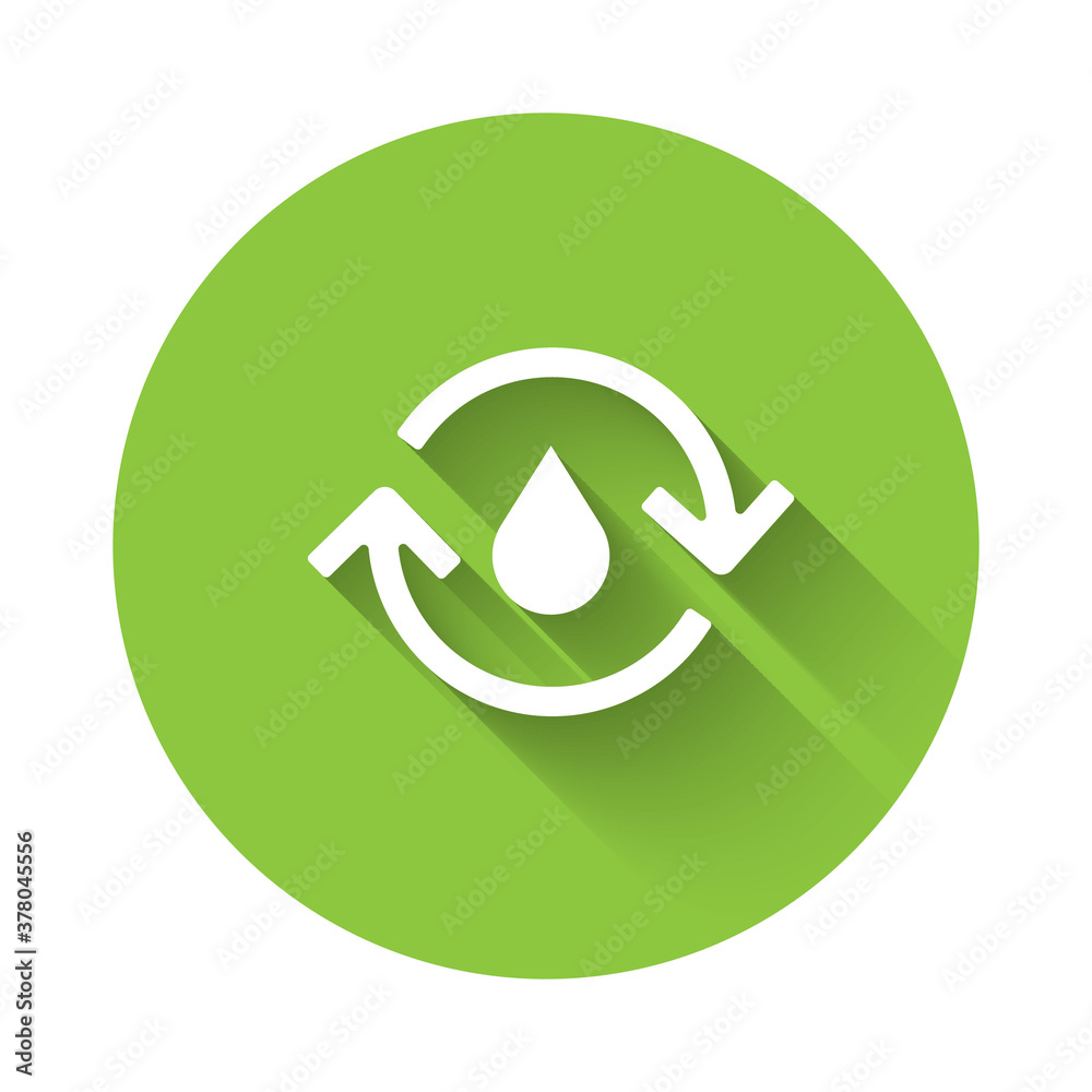 White Recycle clean aqua icon isolated with long shadow. Drop of water with sign recycling. Green circle button. Vector Illustration. White Recycle clean aqua icon isolated with long shadow. Drop of water with sign recycling. Green circle button. Vector Illustration.