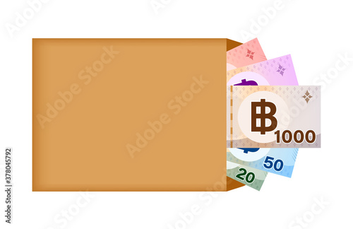 thai baht banknote money in bag paper isolated on white, thai currency banknote THB many in the bag paper brown, money thailand baht for icon, illustration paper money with B symbol graphic