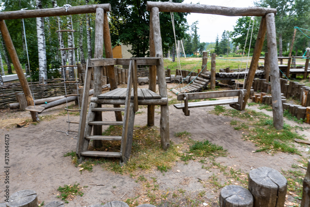 playground, made of wood in the forest
