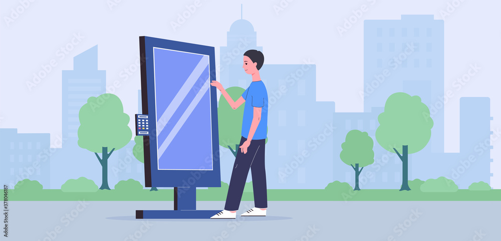 Man using interactive self-service kiosk at cityscape flat vector illustration. Man using interactive self-service kiosk at cityscape flat vector illustration.