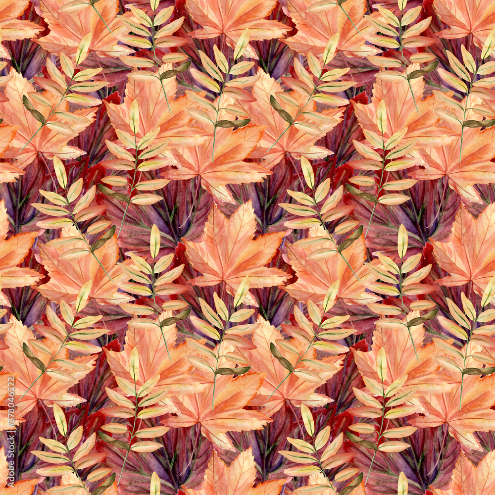 Fototapeta premium Watercolor hand painted seamless pattern with autumn leaves and branches. Perfect for creating unique fall or thanksgiving design on textile or wrapping paper, for background or scrapbooking.