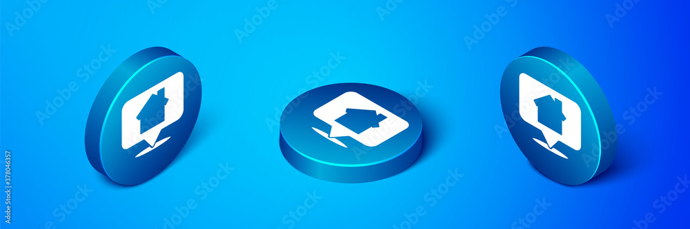 Isometric Map pointer with house icon isolated on blue background. Home location marker symbol. Blue circle button. Vector Illustration. Isometric Map pointer with house icon isolated on blue background. Home location marker symbol. Blue circle button. Vector Illustration.