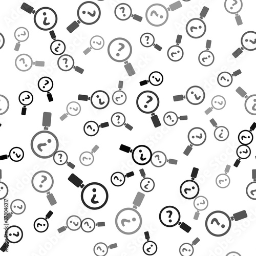 Black Unknown search icon isolated seamless pattern on white background. Magnifying glass and question mark. Vector Illustration.