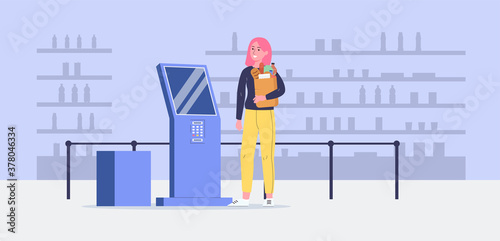 Woman using self-service cashier kiosk in supermarket flat vector illustration.